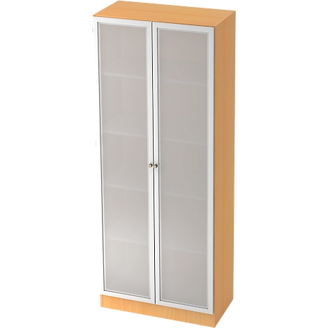 Cabinet with two doors, frosted glass, and light wood. A handle is visible on the right side.