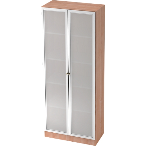 A tall wooden cabinet with two doors that have glass windows. A simple handle in the middle.