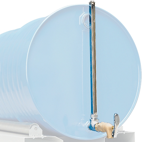 Blue barrel with level indicator and faucet. The indicator shows the level.
