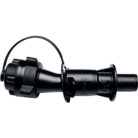 Black connector with closure, metal ring, and lettering. Detailed shot.