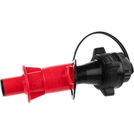 Red canister spout with black lid and handle. On the right a black closure, connected to the red part by a black ring.