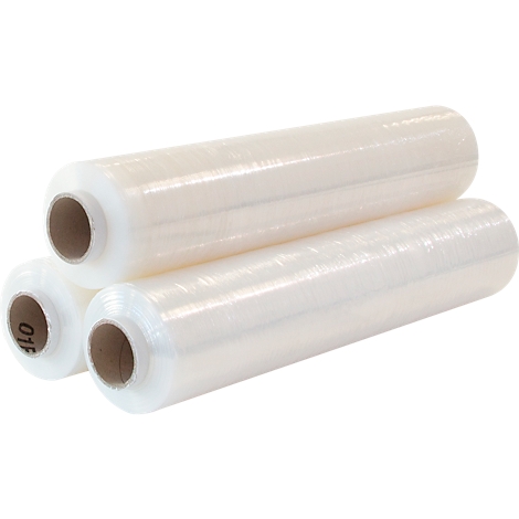 Tres rollos de film transparente, colocados sobre un fondo blanco.