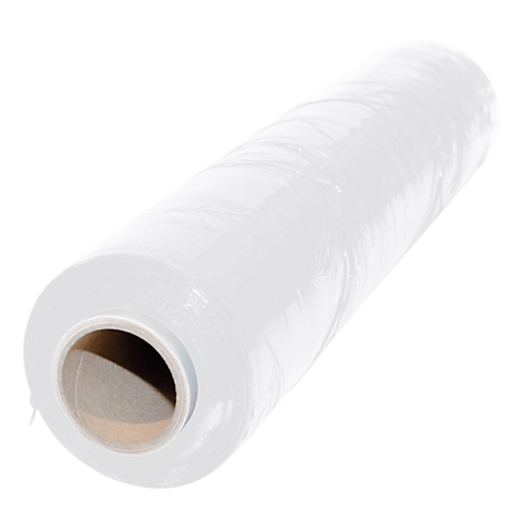 Rollo de film plástico transparente. El núcleo de cartón es visible en la sección.