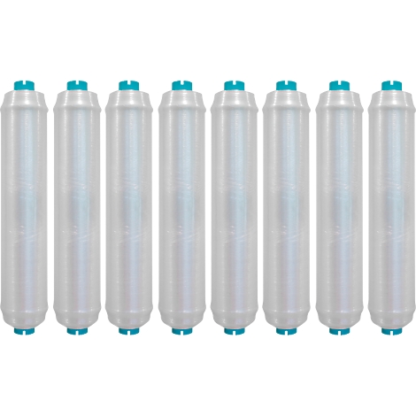 Huit filtres à eau blancs avec des embouts turquoise. Les filtres sont disposés en rangée, légèrement transparents.