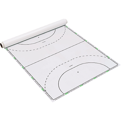 Tableau tactique de handball enroulé. Blanc avec lignes noires, marquages de terrain et de zone de but. Rouleau sur le bord supérieur.