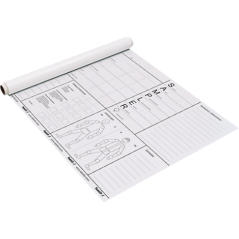 Papier enroulé avec texte et illustrations de corps. Papier blanc enroulé en haut. En dessous, une grille avec du texte et des dessins de corps.