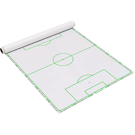 Tableau de tactique de football, déroulé, avec des lignes vertes et une partie enroulée.