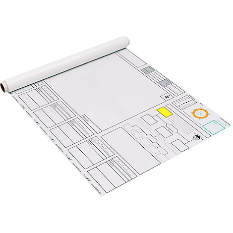 Papier blanc enroulé avec des schémas, des lignes et des rectangles en gris et jaune. Une section de papier enroulée en haut.