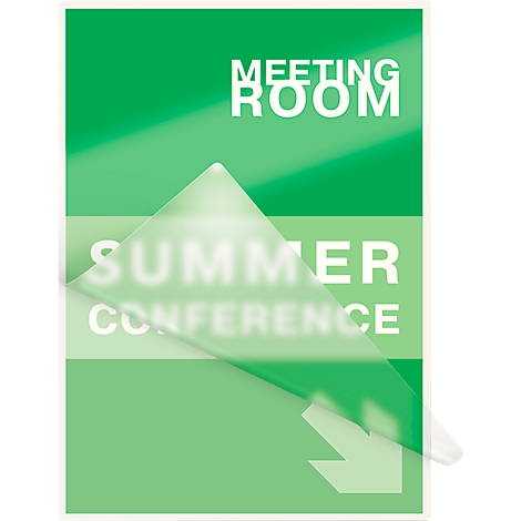 Panneau vert avec "Meeting Room" et "Summer Conference" et une flèche blanche pointant en bas à droite.