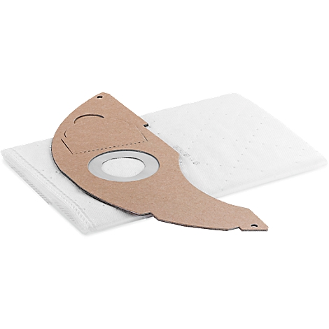 Dust bag for vacuum cleaner, with brown cardboard and white filter material.