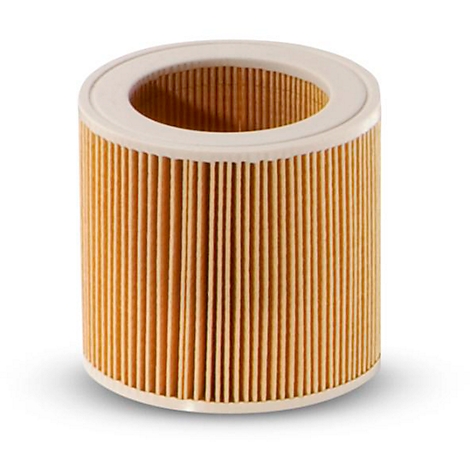 Cylindrical filter with lamellar structure, framed in cream color on both sides.