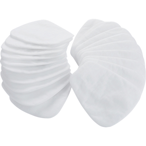 Deux piles de morceaux de tissu blancs en forme de croissant, probablement des coussinets d'allaitement. Sur fond neutre.