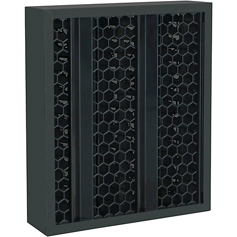 Filtre gris foncé avec grille en nid d'abeille, divisé verticalement par des entretoises.