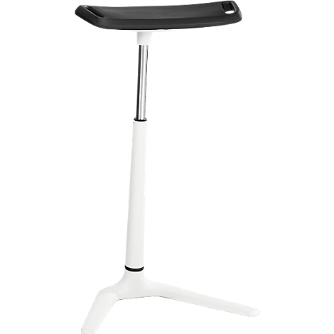 A white standing stool with a black seat and three legs.