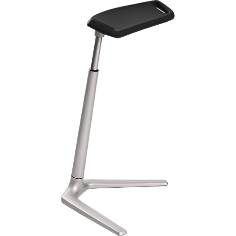 A silver standing desk with a black tray. The desk is height-adjustable and has a three-legged base.