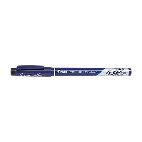 Een blauwe Pilot Frixion Fineliner pen op een witte achtergrond, met witte letters en een decoratief patroon.