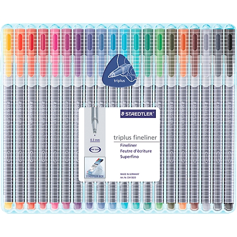 Multi-colored fineliners in a transparent plastic package, with logo and product name.