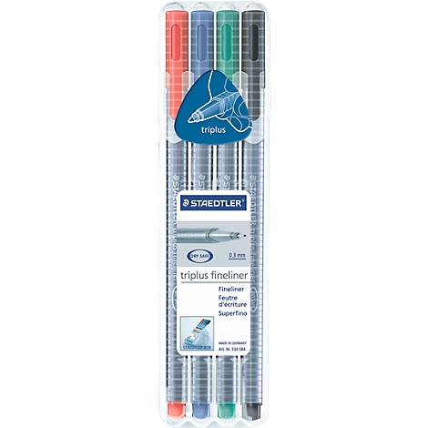 Package of four fineliners in different colors. Inscription: Staedtler Triplus Fineliner.