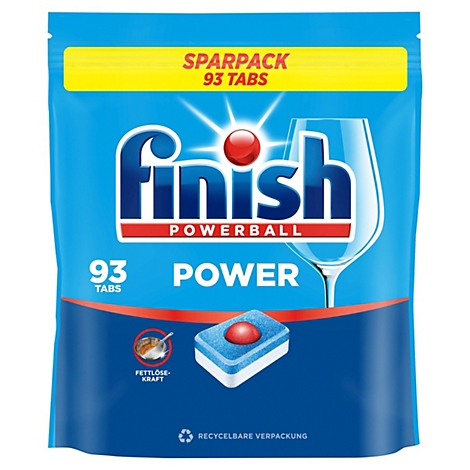 Finish Powerball vaatwastabletten voordeelverpakking met 93 stuks in blauwe verpakking.