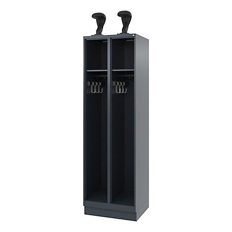 Gray locker with two compartments, coat hooks and cabinet handles.