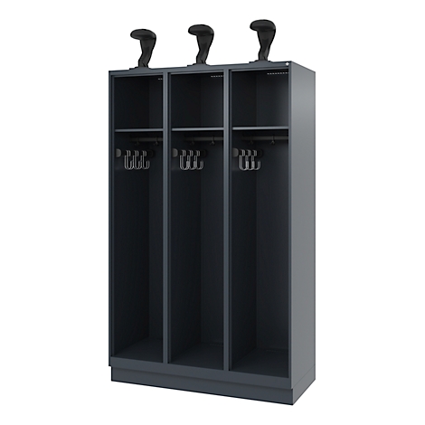 Three-part dark-colored wardrobe with hat shelf and coat hooks. Hat shapes on top.