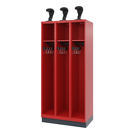 Red locker with three compartments, black handles, and a decorative black sculpture on top.
