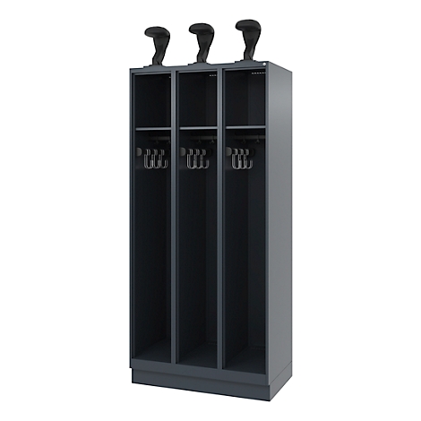 Dark grey wardrobe with three compartments, hooks and decorative figures.
