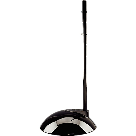 A black monitor stand with a sleek design, consisting of a rounded base and a vertical support.