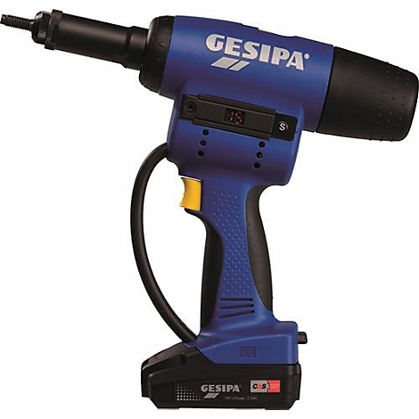 Blauwe en zwarte GESIPA-klinkmachine met gele trekker en batterij.