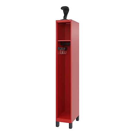 Red cabinet with black feet and a black attachment. Inside with hooks and shelf.