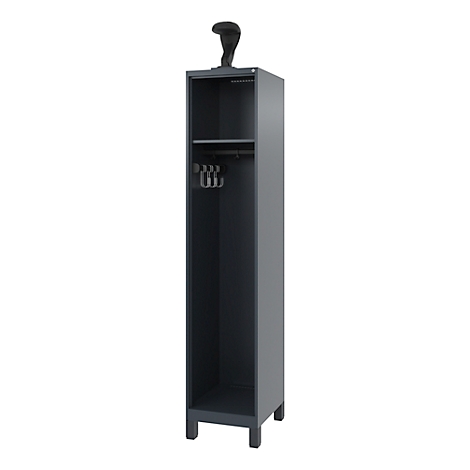 Grey, narrow cabinet, open with shelf and coat hooks. A sculpture on top.