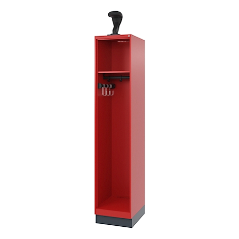 Red, tall cabinet with coat hooks and a decoration on top.