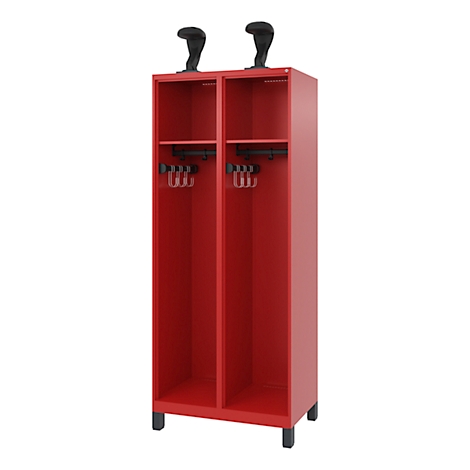 Red locker with two compartments, coat hooks and ski holders, against a white background.