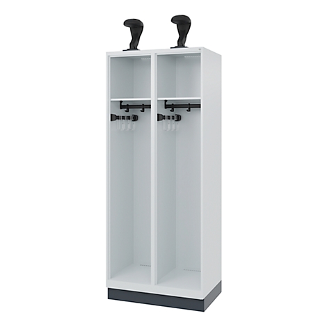 White cabinet with two compartments. Black details, hooks and shoe holders.