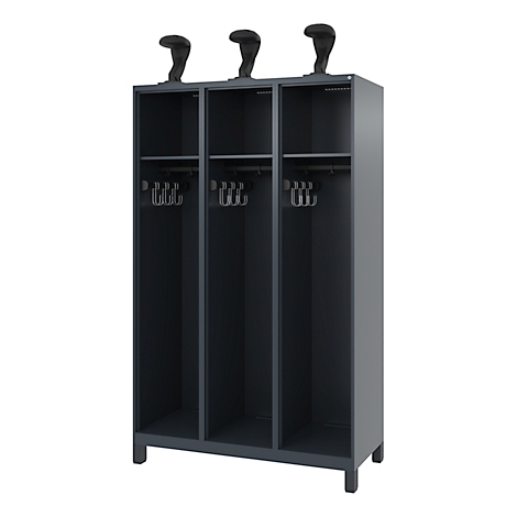 Dark grey locker with three compartments, hooks and hat shelves. Three black hat shapes on top.