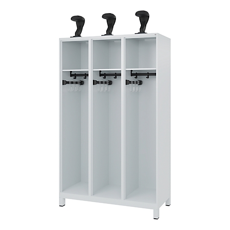 White locker with three compartments, black hat rack and hooks. Three black hat shapers on top.