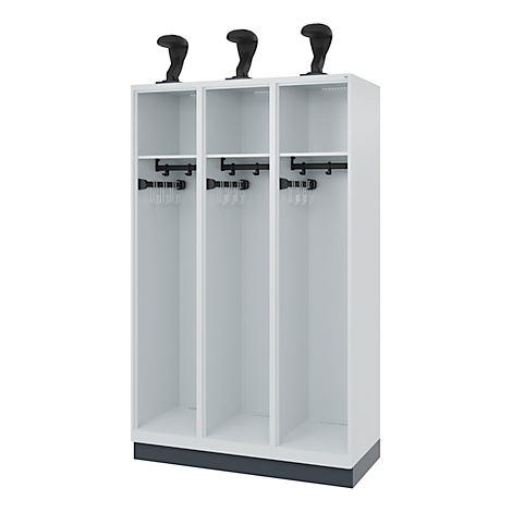 White locker with three compartments, three hat shelves on top, hooks for hangers.