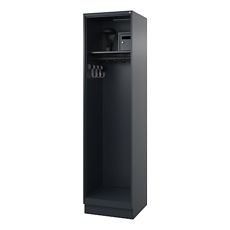 Black cabinet with hat shelf, safe and coat hooks.