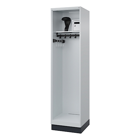 Gray locker with hooks and a safe. It contains a helmet, a safe, and coat hooks.