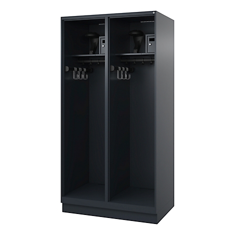 Black locker with two compartments, hangers, shelf and a small safe.
