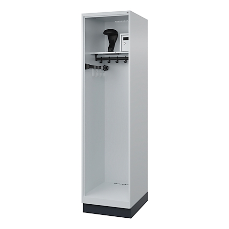 Grey locker with black base, interior with hooks, safe and shelf.