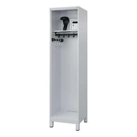 A white steel cabinet with hat, wardrobe, and small safe. Black coat hooks, white background.