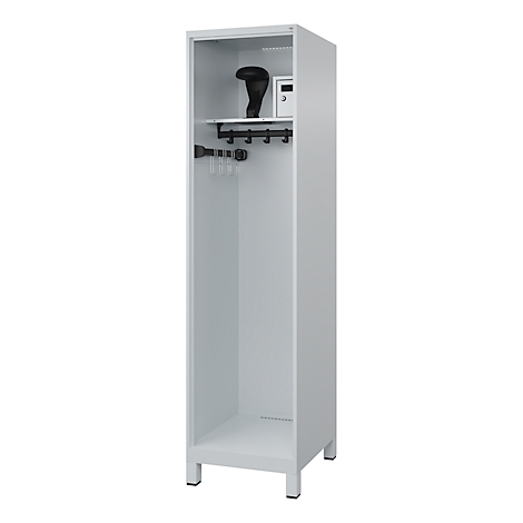White steel cabinet with open compartments containing a black umbrella and a safe, hooks and a wardrobe.