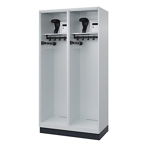 Grey locker with two compartments, featuring shelves, hooks and small lockers.