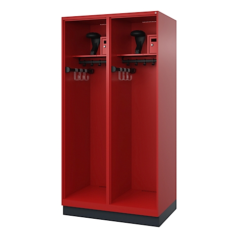Red locker with two compartments. Each cabinet has a hat rack, coat hooks and a small locker.