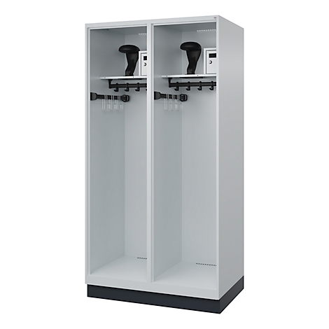 Gray, two-door locker with two black hats and small safes. Coat hooks are attached to the doors.
