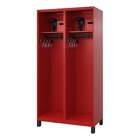 Red locker with compartments, hooks and storage compartments.