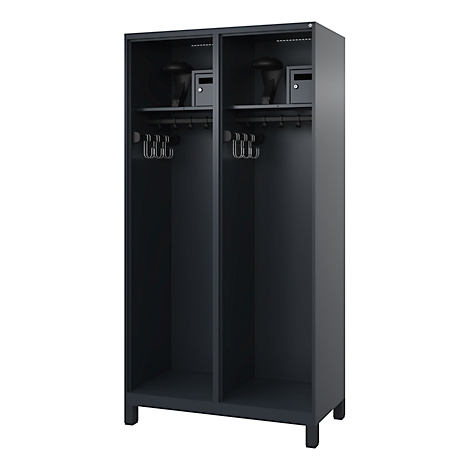 Dark, two-door cabinet with coat hooks, shelves, and safes. Both sides identically arranged.