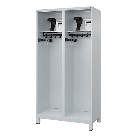Light gray locker, divided into two compartments. Each compartment has a hat, a safe, and hooks for hangers.