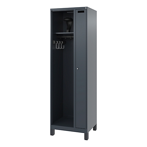 Dark grey steel cabinet with open compartment, clothes rail, and hooks. A hat rests on the upper shelf.